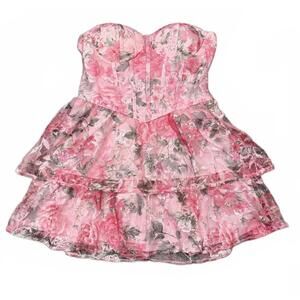 NEW Miami by Francesca's Strapless Mini Dress Large Pink Floral Cottage Fairy